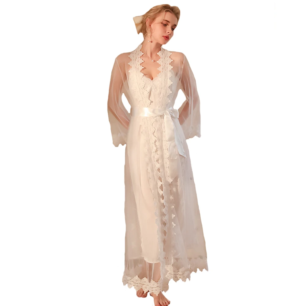 

Women Silk Satin Lace Nightgown With Robes 2PCS Set for Women Long Sleeve Mesh Robe Sets 2 Piece Soft Full Length Sleepwear Sets