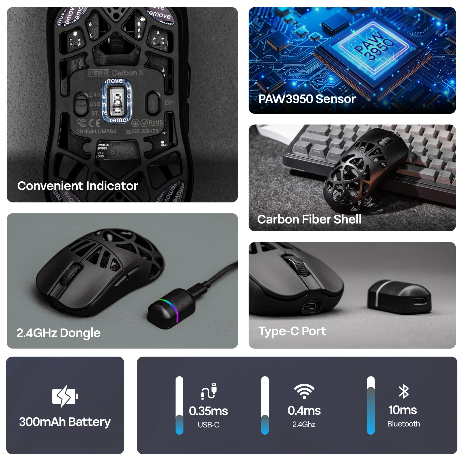 EPOMAKER Carbon X игровая мышь проводная/2,4G/BT беспроводная сверхлегкая мышь из углеродного волокна с датчиком PAW3950 300 мАч