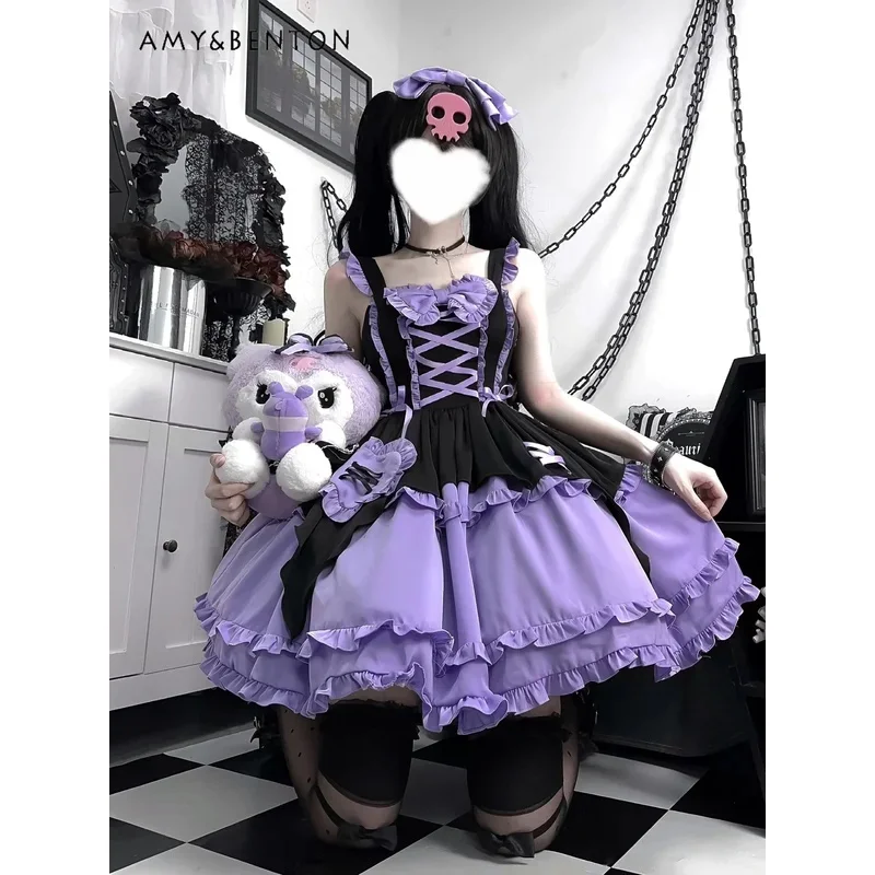 25COSGothic Lolita Dress for Women Slim Jsk Suspender Dress Cute Bow Splicing Color Tutu Dresses Daily Subculture Sling Dress Su