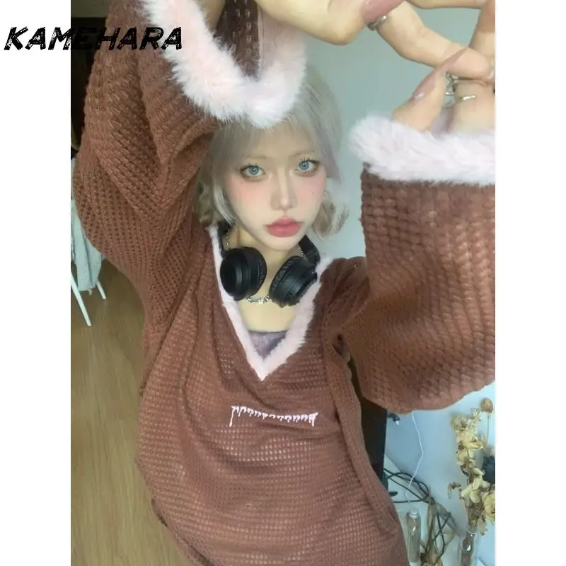 

KAMEHARA Japanese Subculture Autumn Retro Hollow Out Fur Collar Hoodie Design Sense Niche Thin Loose Versatile Vintage Pullovers