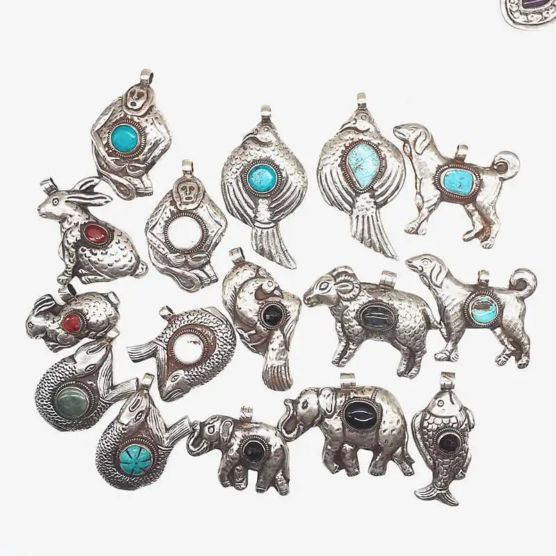 TBP690 Fine Handmade Jewelry Animal Figures Collection Elephant Sheep Bird Fish Big Pendants Copper Inlaid Semi-precious Stone