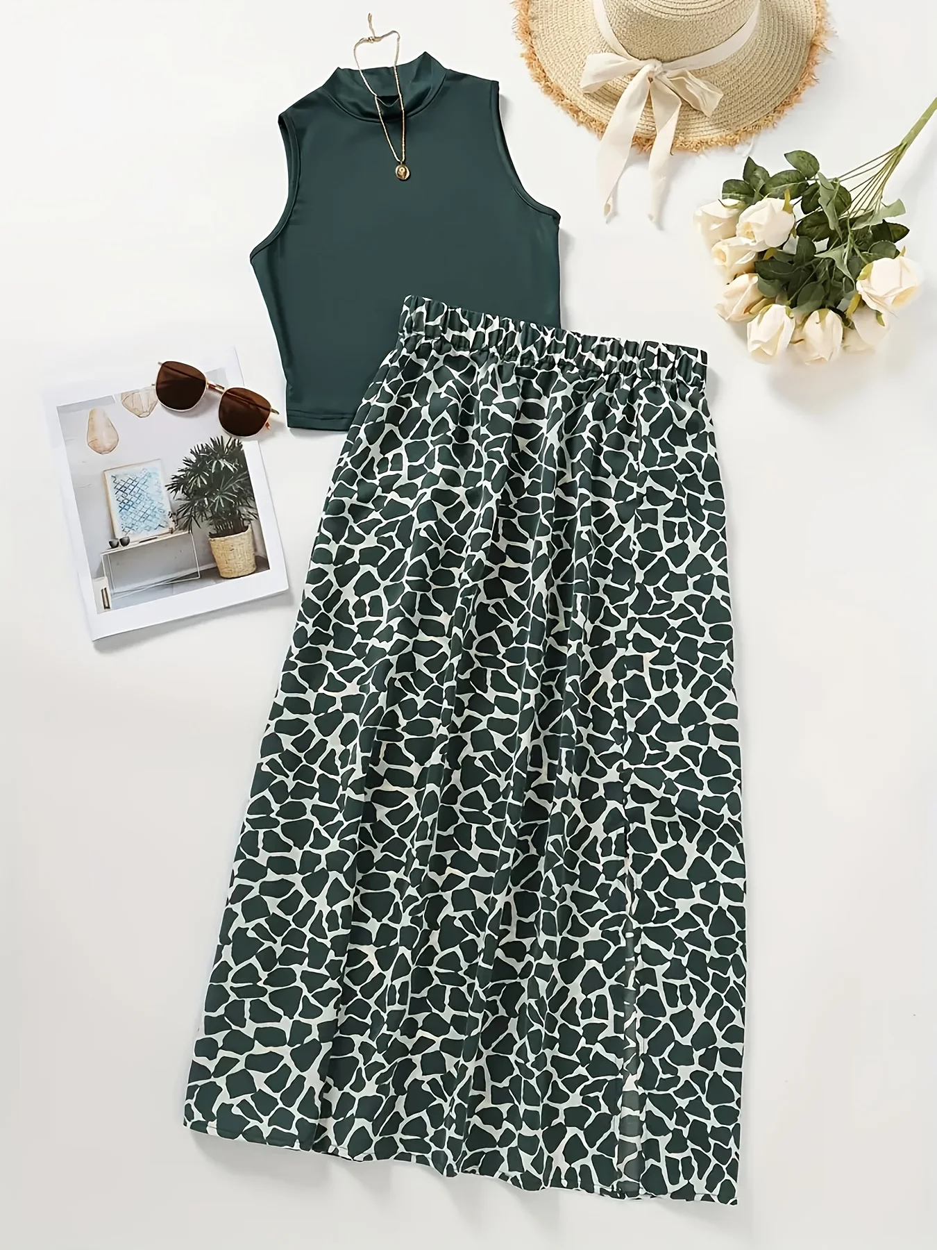 

Elegant high neck sleeveless vest with floral split skirt set breathable and stretchy summer dress