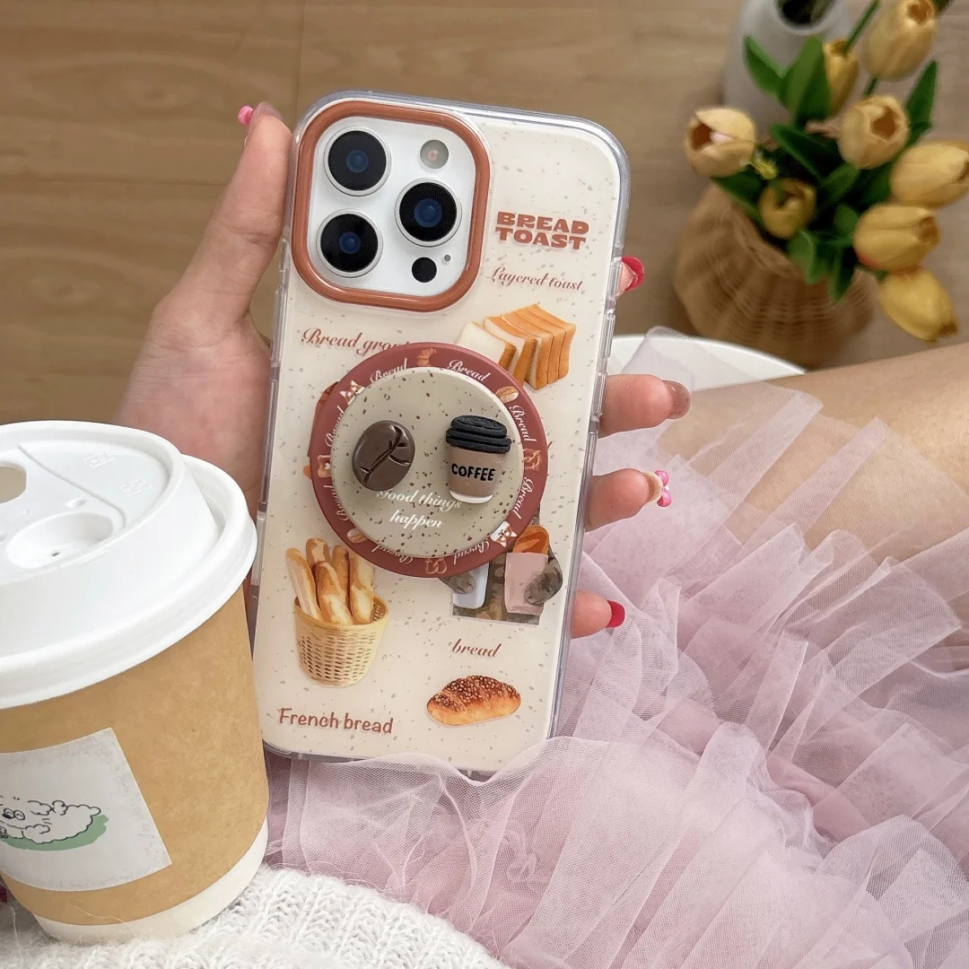 

Korean Cute Toast Coffee Cartoon Magsafe Wireless Charge Phone Case For iPhone 13 14 15 16 Pro Max Funny Coffee Magnetic Holder﻿