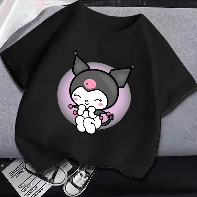 Camiseta infantil de manga curta preto e branco, roupas soltas, desenhos animados Sanrio fofos, Kuromi, algodão, presente de Natal, menino, menina,