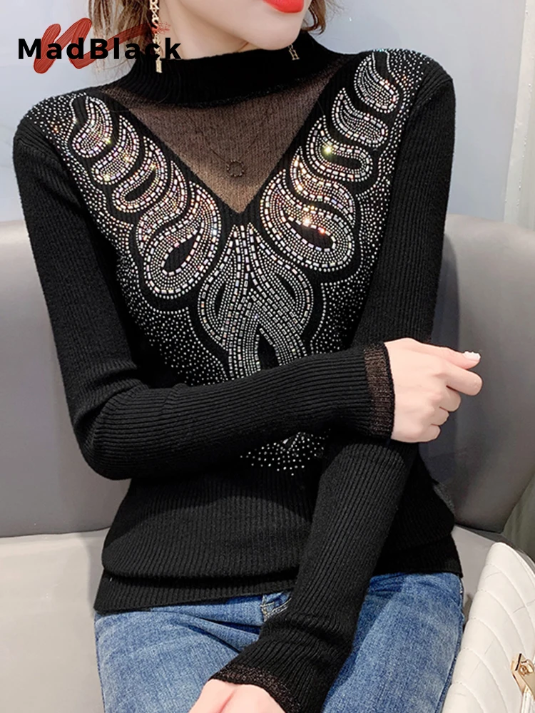 

MadBlack Sweater 2023 New Fashion Pullover Slim Hot Drilling Round Neck Long-Sleeved Sweaters Sexy Bottom Tops T31017X