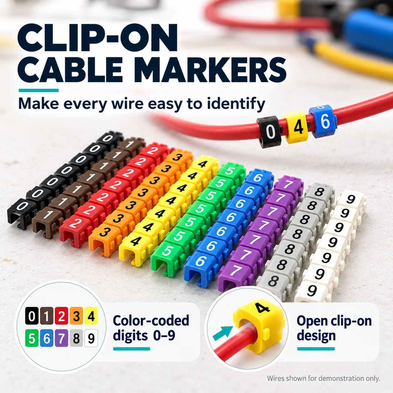 150/100Pcs Cable Markers, Colourful C-Type Number Tags for 2-3mm Wires, Clip-On Electrical Wiring Identification Labels