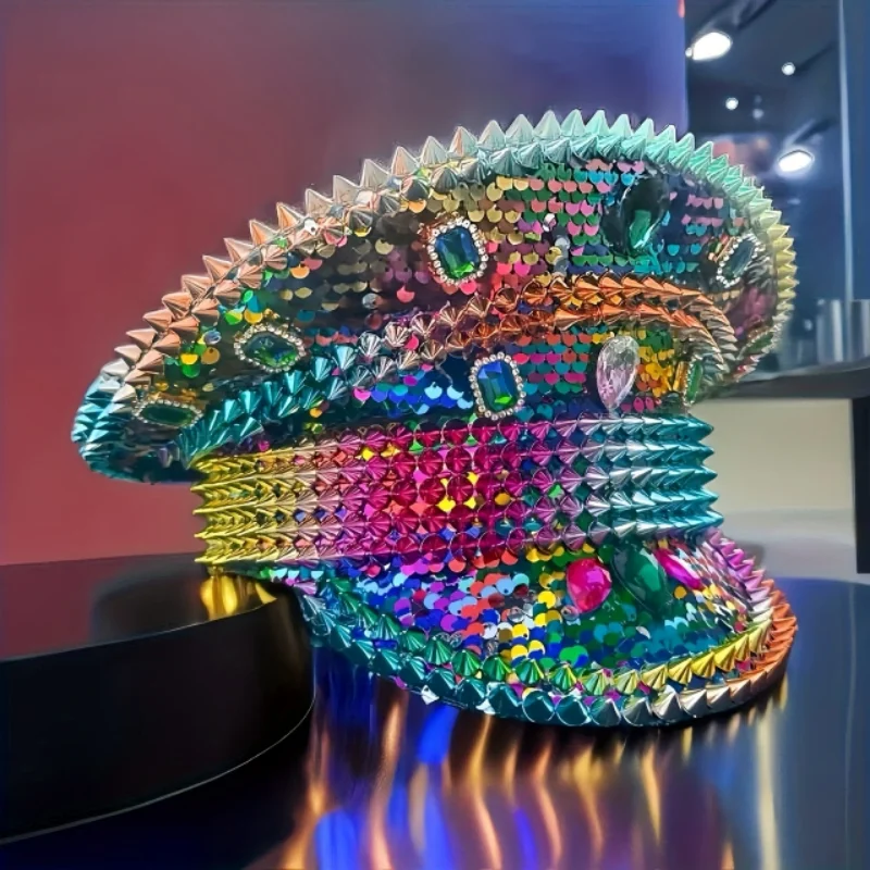 Czapka Kapitańska HongLuan z Żółtą Laserową Skórzaną Pętelką, Ozdobiona Cyrkoniami, Czapki Wojskowe dla Kobiet, Akcesoria na Festiwale Rave i Czapka Imprezowa dla Mężczyzn