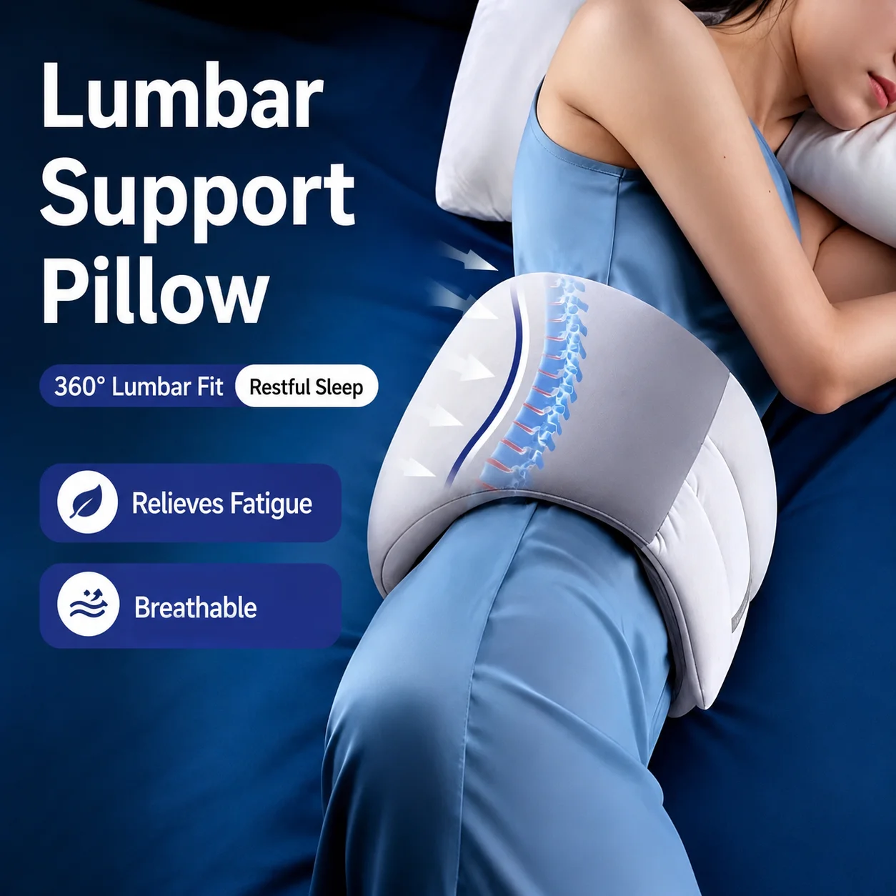 Sleeping Lumbar Support Pillow Gray Polyester Soft Waist Cushion Wraparound Design for Back Side Sleepers Home Bedroom Use