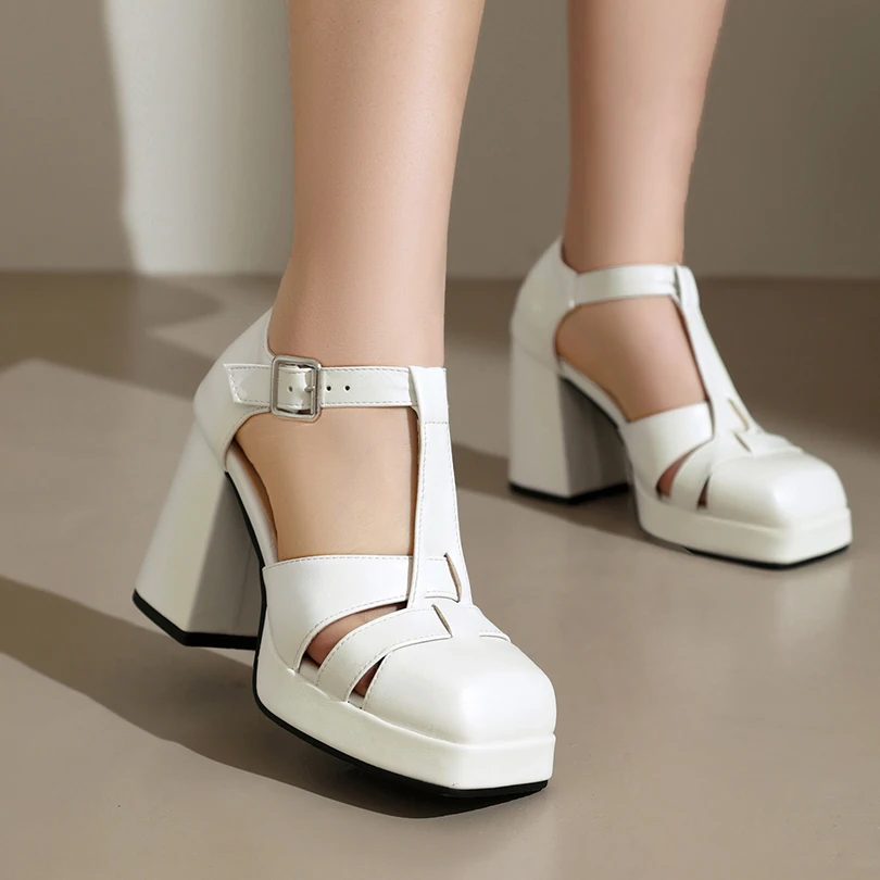 2024 T-Strap Metal Square Buckle Narrow Band Hollowed Out Women\'s Sandals Platform Ultra-High Thick Heel Sandals