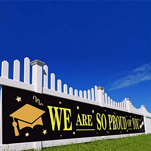 

2023 Graduation Party Banner We Are So Proud of You Congrats Grad Hanging Banners Backdrop Black with Gold Word Party Decoration