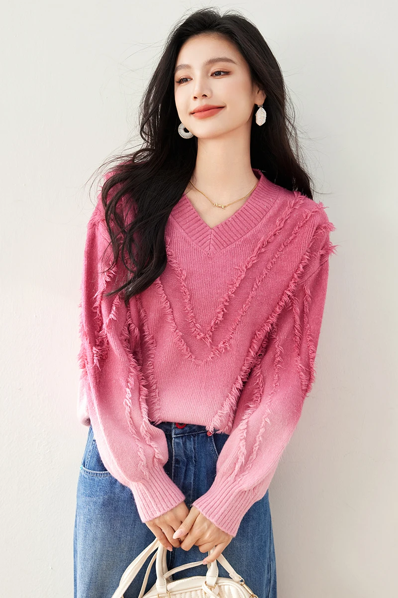 Lazy Style Pink Soft Knitted Loose Sweater Tassel New Autumn Winter Women V Neck Long Sleeve Thick Warm Tie Dye Pullover Tops