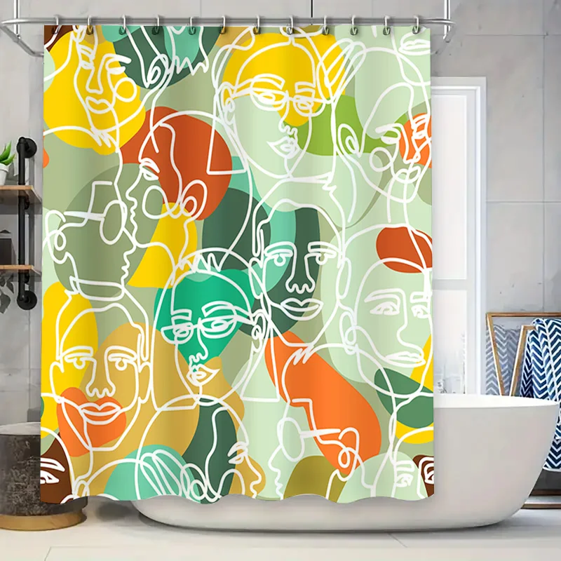 

Современная занавеска для душа с абстрактным дизайном лица, зеленый, желтый, оранжевый, красный, белый цвет для украшения ванной комнаты, водонепроницаемая ткань