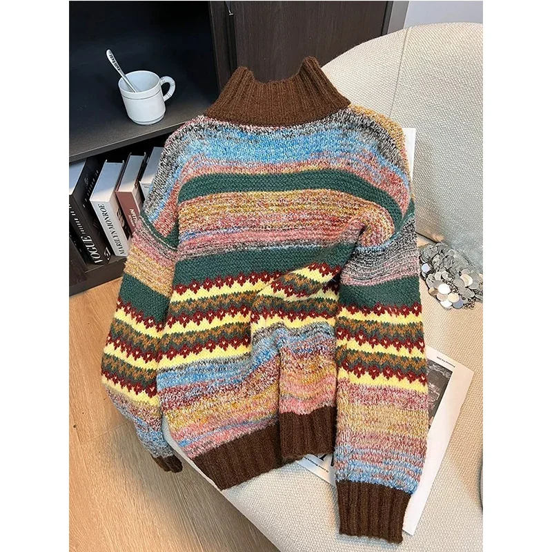 Korean Vintage Fashion Loose All-match Striped Half Height Collar Pullovers Autumn Winter New Women Multicolor Sweater Coat Tops