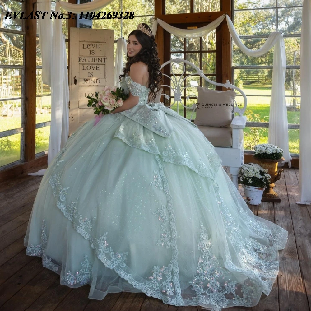 

EVLAST индивидуальное мятное платье Quinceanera 2025 года, бальное платье с кружевом и блестками, аппликация, накидка с бисером, Sweet 16, Vestidos De 15 Anos E3Q735