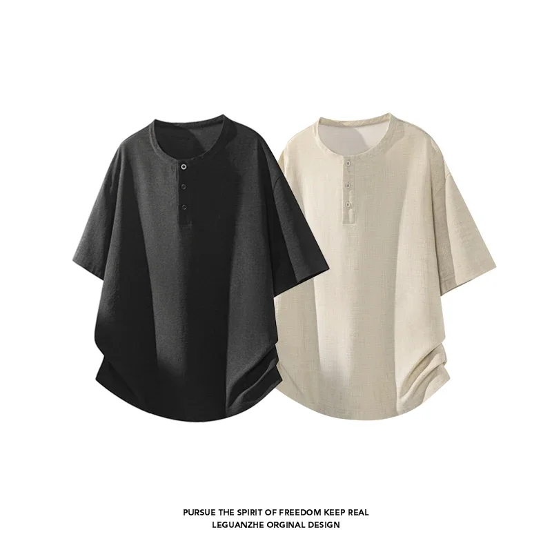 Men Henley Neck Short Sleeve T Shirt Linen Blend Textured Fabric Loose Fit Curved Hem Breathable Casual Daily Tee Top