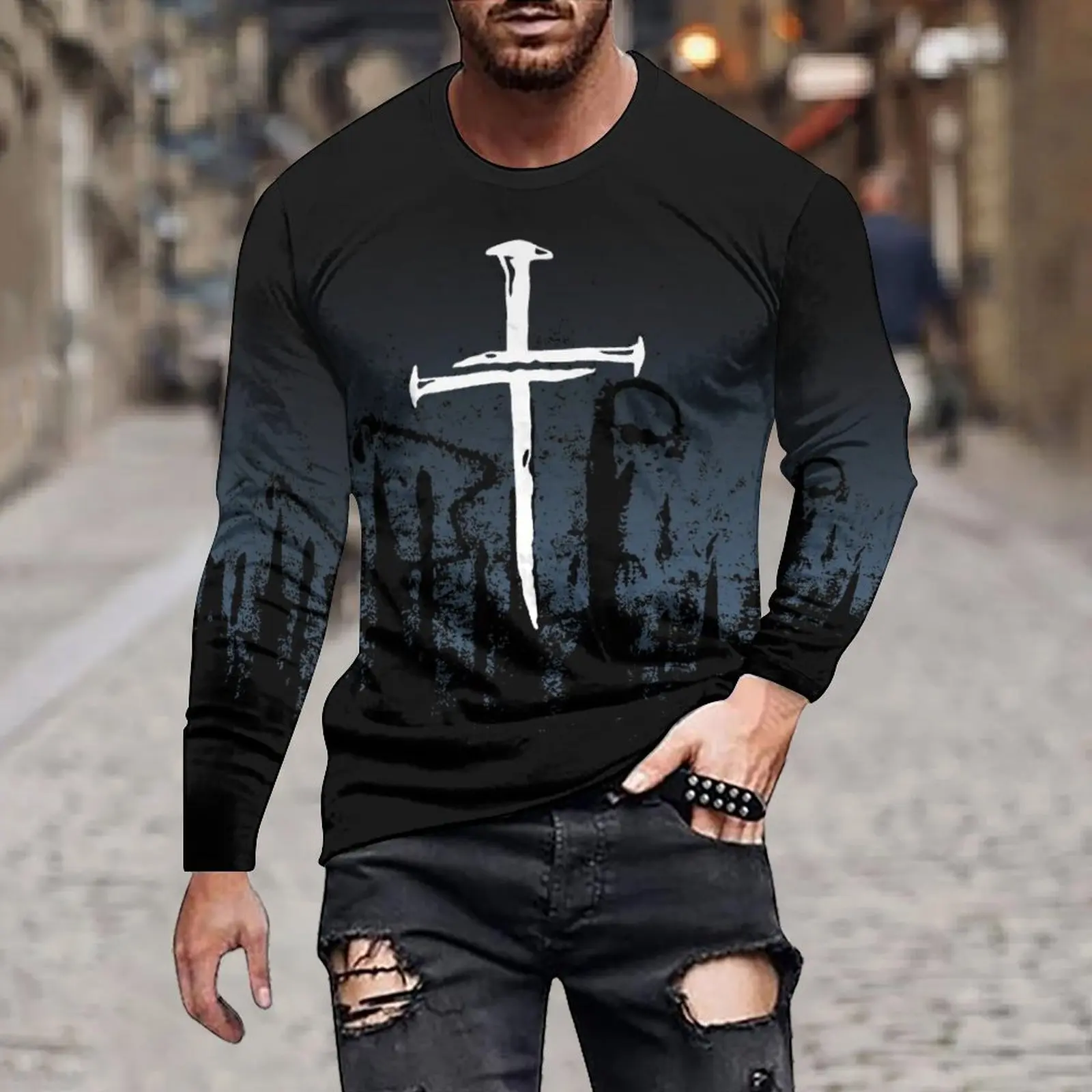 

Spring And Autumn Long Sleeve Men's Fashion Loose Casual Solid Color Abstract Myth Legend Simple Printed Round Neck Hoodie