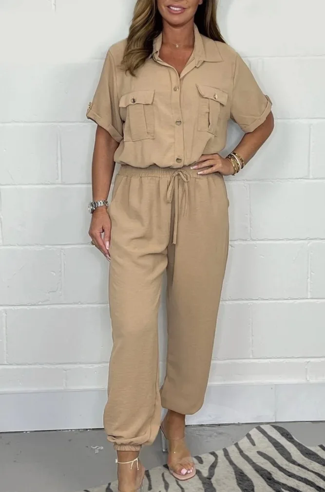Overalls Women Jumpsuit Short Sleeve Tight Waist Drawstring Shirts Button Turn Down Collar Casual One Piece Solid Pants