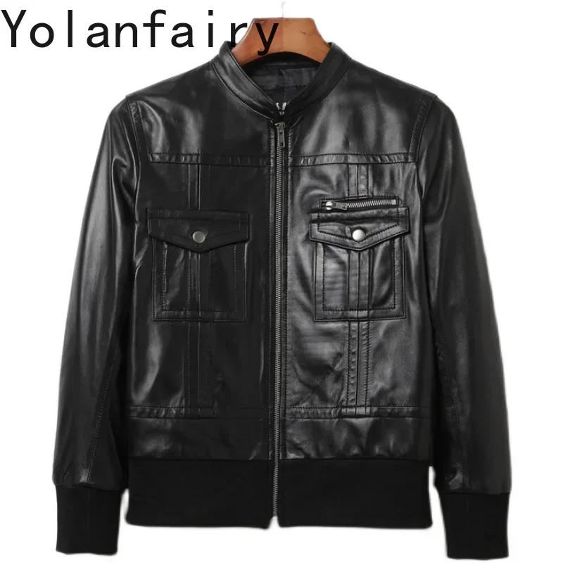 YOLANFAIRY الخريف جلد الغنم Bomber معطف المرأة سترة جلدية عالية الخصر ضئيلة قصيرة دراجة نارية سترة الإناث Roupas Femininas