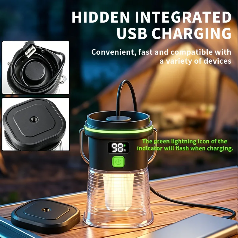 Portable Camping Lantern 1500mAh USB-C Rechargeable White/Yellow/Red Light 3 Source Outdoor Tent Light for Hiking and Emergency
