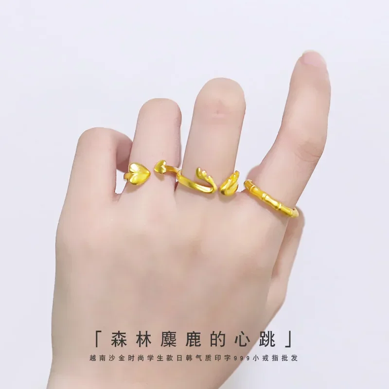 9999 Real Gold 24K Pure Frosted Antlers Index Finger Ring Simple Personality Student Love Jewelry Female Tail Ring