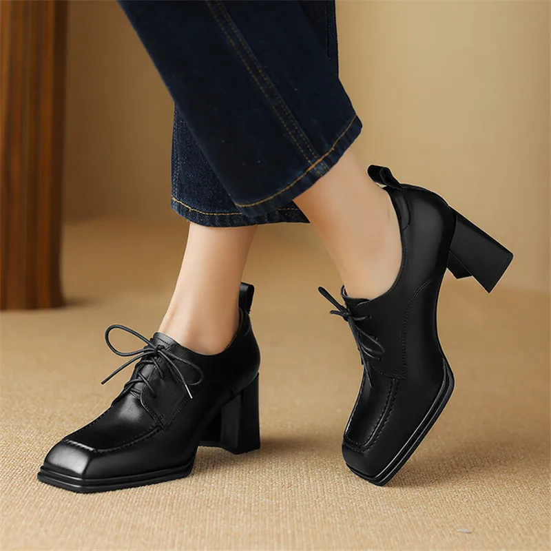 New Spring Genuine Leather Women Shoes French Retro Square Toe Lace Women Pumps High Heels Loafers Shoes for Women Ladies Shoes