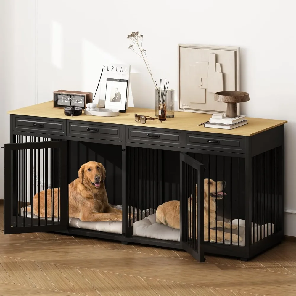 

Masterpiece 86.6" Large Double Dog Crate Furniture, XXL Wooden Dog Crate Kennel Furniture With Divider And 4 Drawers, Dog Crate
