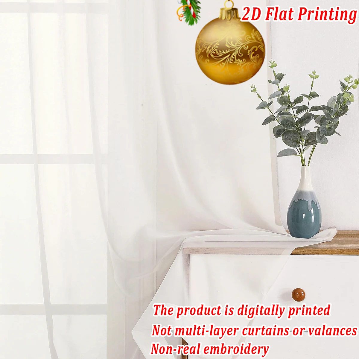 ستارة شفافة مطبوعة مسطحة لعيد الميلاد مع قوس كرة عيد الميلاد فروع الصنوبر لتزيين غرفة المعيشة وغرفة النوم وحفلات العطلات