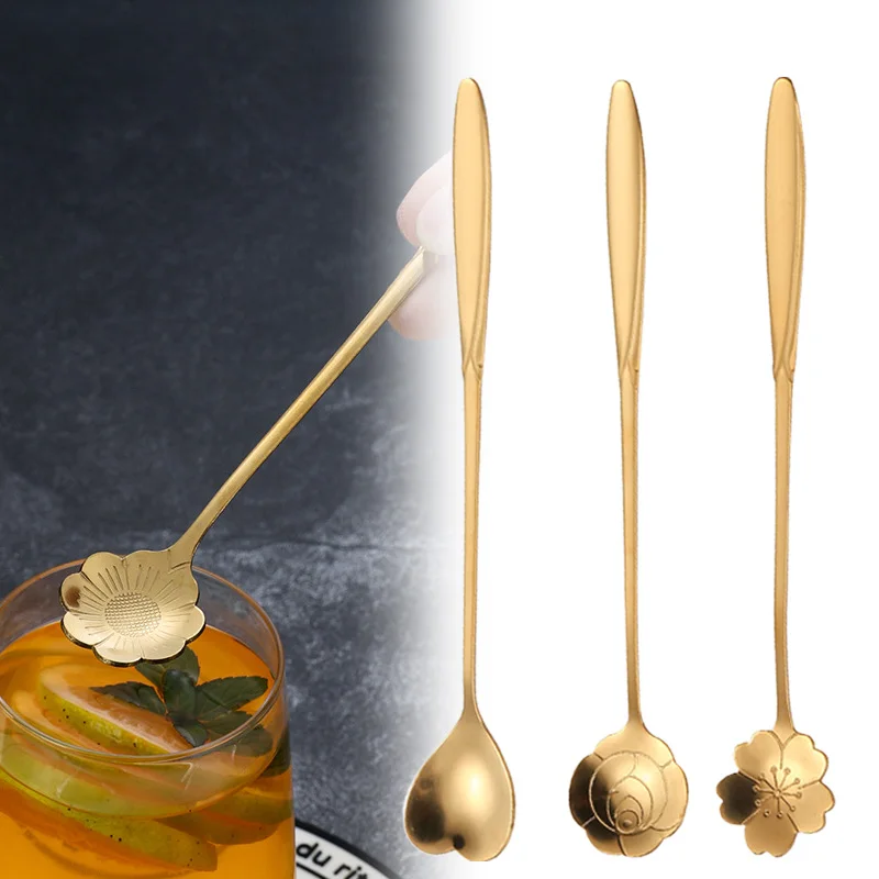 Stainless Steel Cherry Rose Flower Gold Scoop Coffee Spoon Gifts Kitchen Dessert Tea Accessories Tableware Decoration