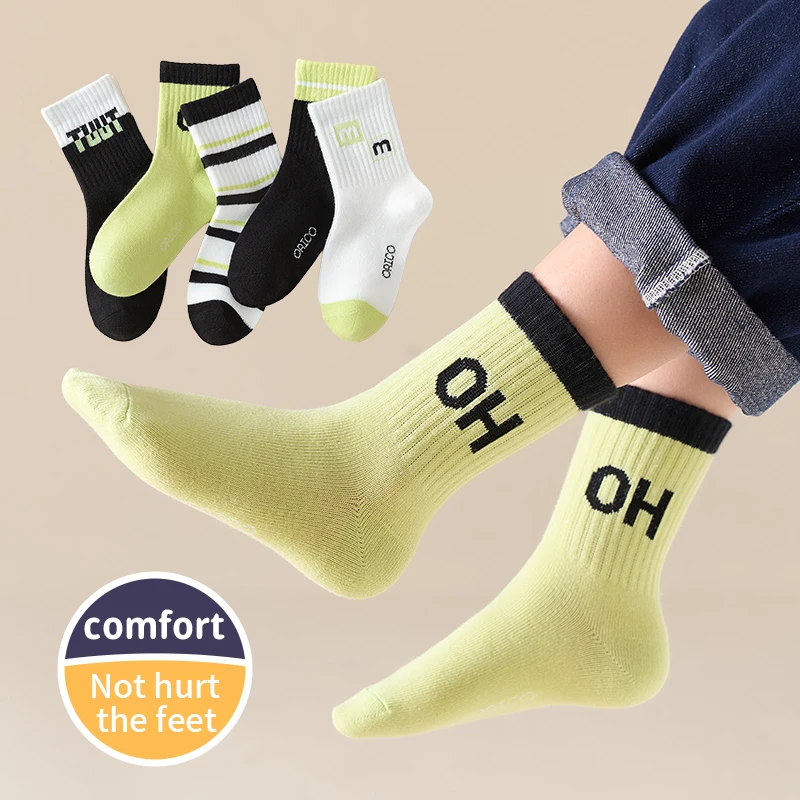 5Pairs 1-14Years Boy Cotton Mid-tube Socks High Elasticity Moisture Wicking And Breathable OH Trendy Socks Cute Fashion Letter