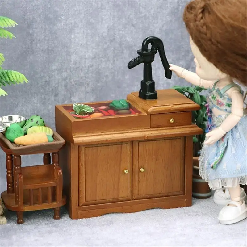 

Деревянный миниатюрный шкаф под раковину со смесителем и ящиком для хранения кукольного дома 1/12, реалистичное украшение для