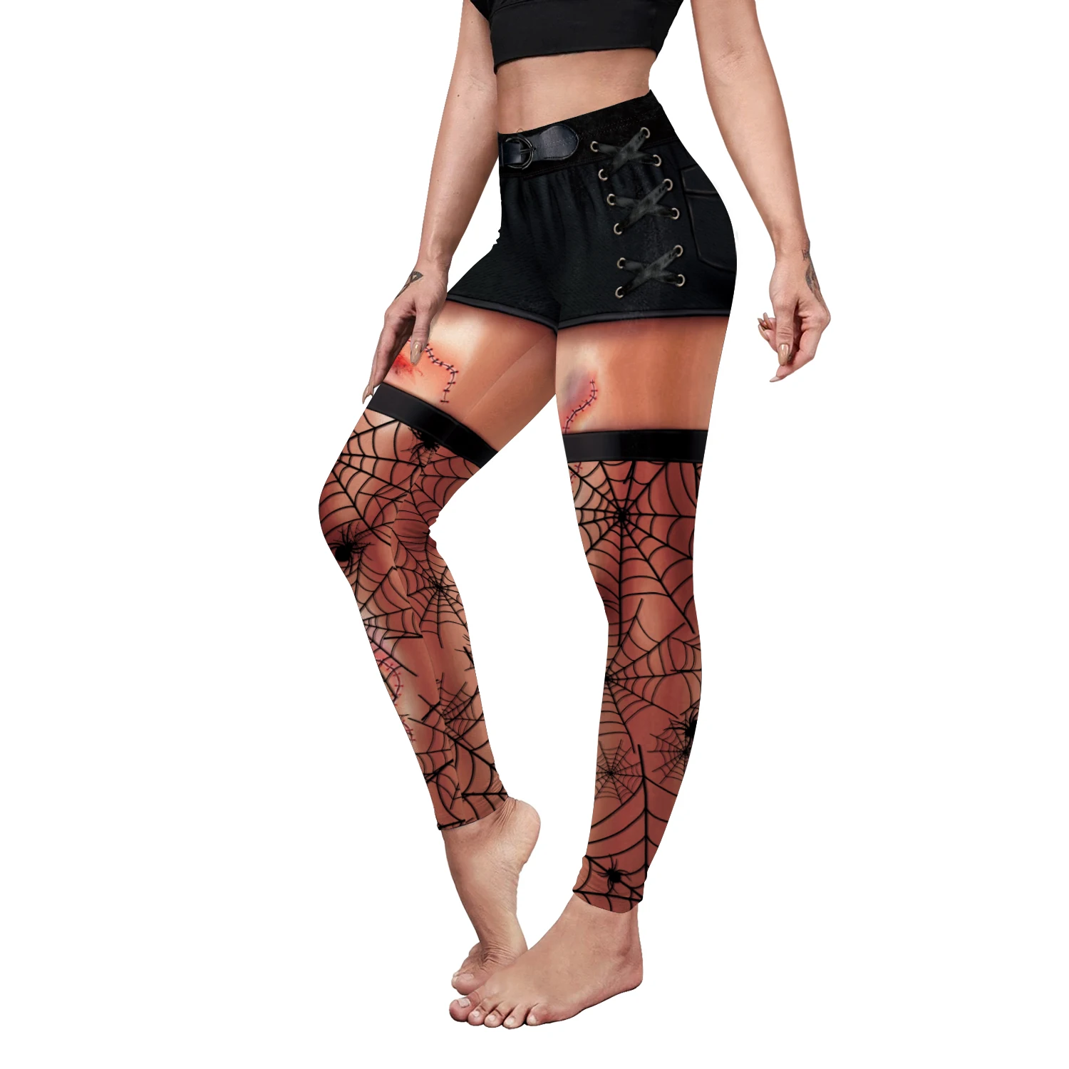 Leggings elásticos estampados em malha de renda para mulheres, calças stretch, preto, sexy, gótico, treino, fitness, corrida, moda, 12% elastano