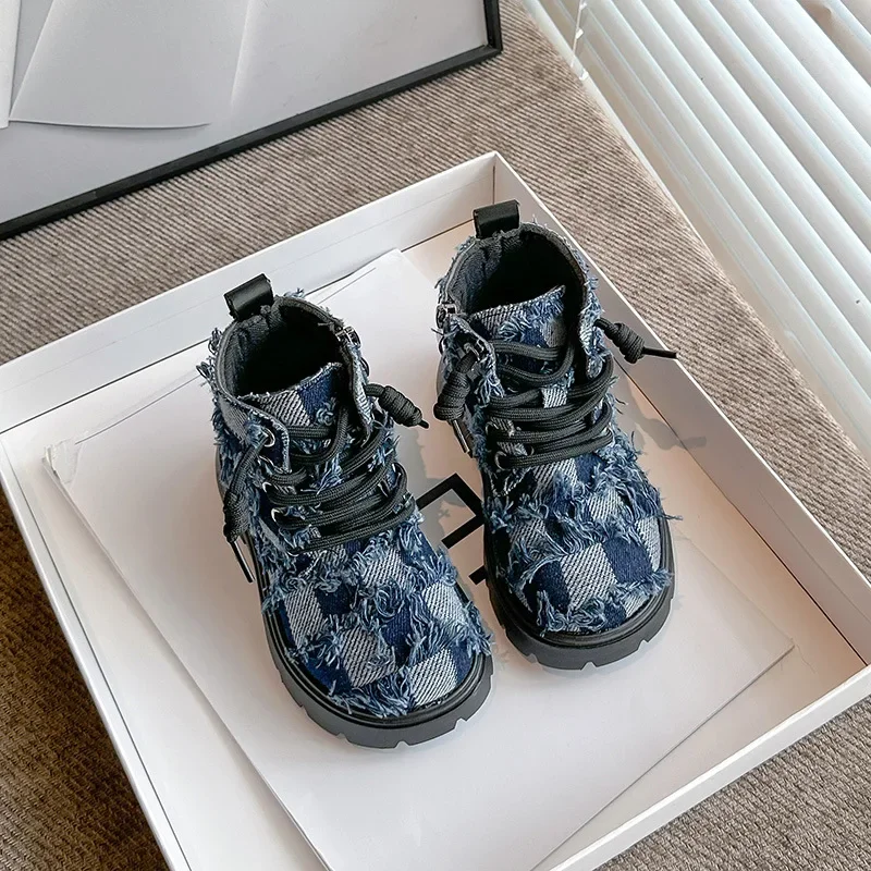 

British Style Kids Short Boots - Round Toe Side Zip Denim & Leather Ankle Boots For Toddler Boys Girls Fall Winter