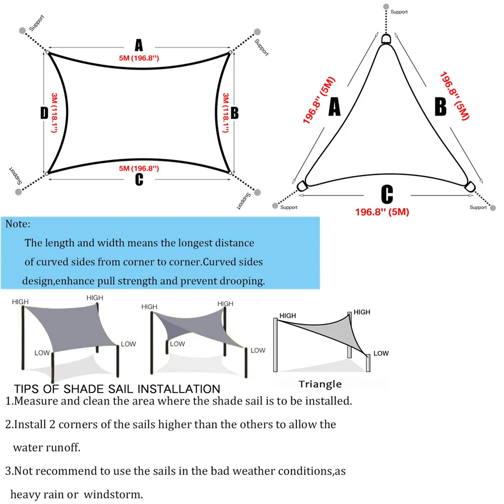 5/3.6/3/2M Triangle Shade Sail Waterproof Sunshade Sail Canopy 98%UV Block Awning with Free Rope for Garden Patio Pergola Gazebo