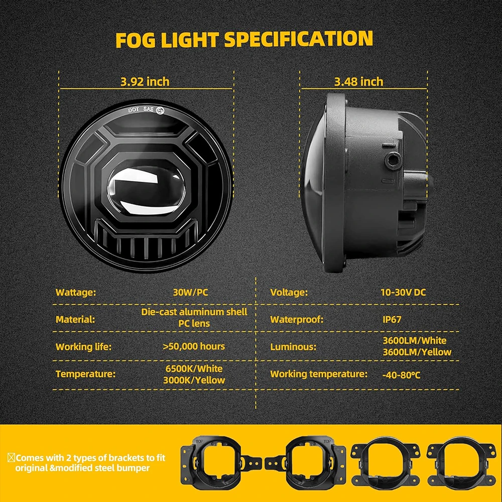4 Inch Dual Color White Yellow LED Fog Lights Aftermarket Driving Lamps Fits JT JL 4xe 2018-2024 Offroad Exterior Accessories