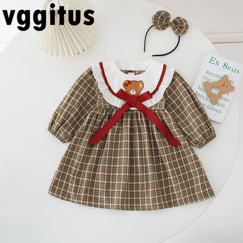 Family Matching Outfits Baby Girl New Spring Autumn Bear Plaid Bodysuit+O-neck Long Sleeve Bow Retro Dress Twins Clothing H7701