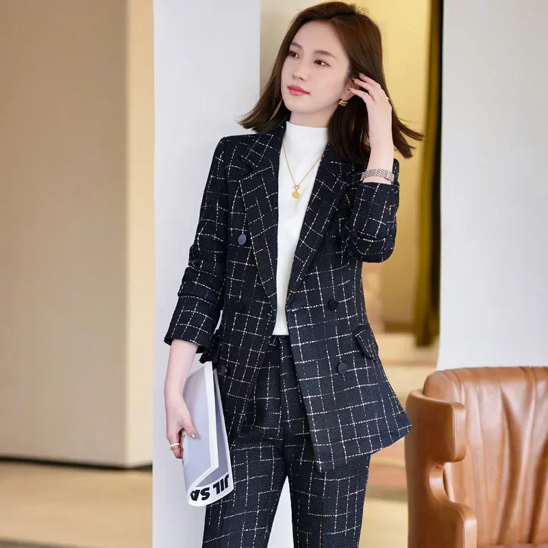 Setelan pakaian wanita kotak-kotak hitam, Blazer 2 potong + Celana Musim Semi Formal kantor bisnis wanita elegan, mantel celana panjang, gaun Prom