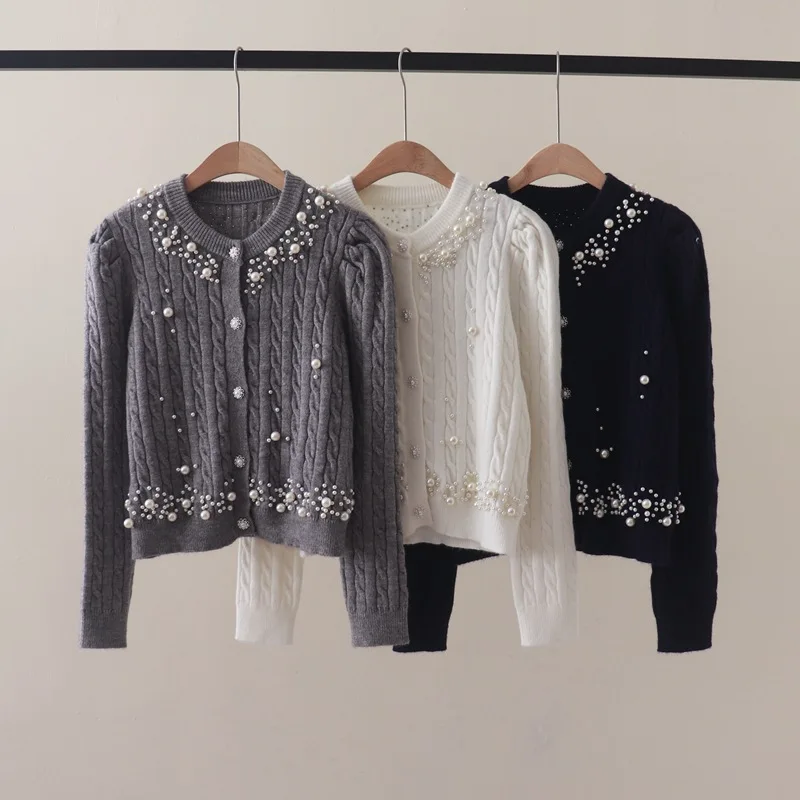 

Autumn and Winter New Fashionable Stylish Puff Sleeve Twist Heavy Industry Beads round Neck Long Sleeve Knitted Cardigan Sweater