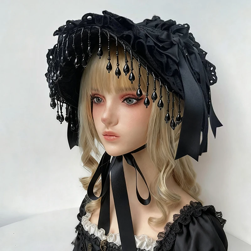 1pc Lolita Gothic Dark Headpiece Hat Black Pearl Tassel Lace Black Rose Feather Photo Prop Cosplay Headdress Hair Accessories