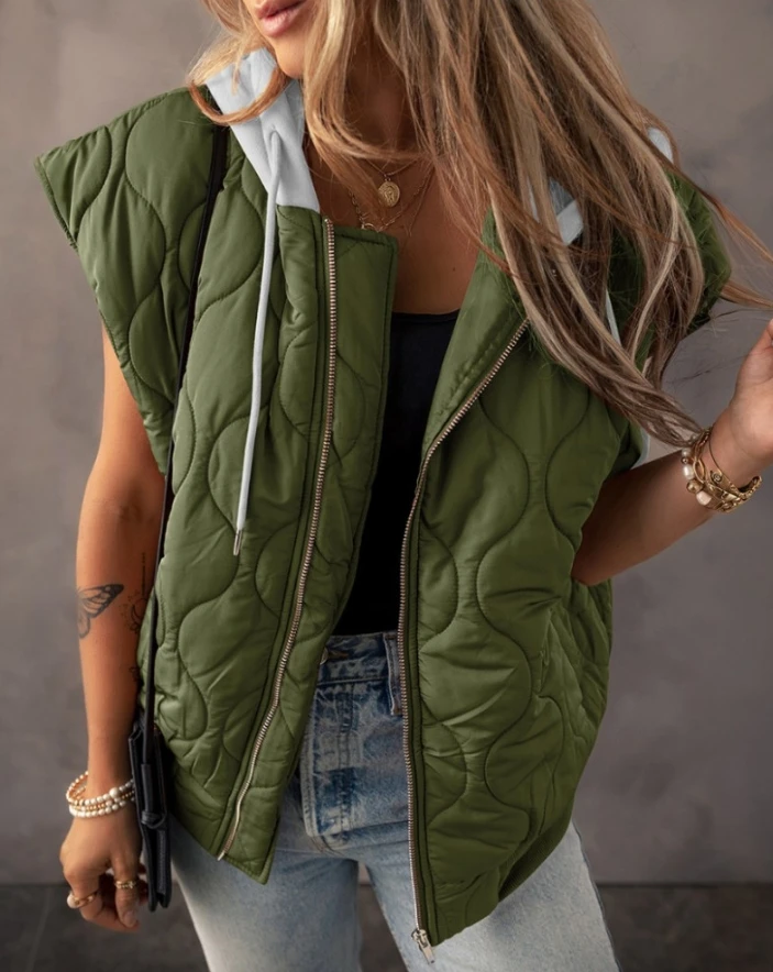 Hot Selling 2024 Zipper Hooded Sleeveless Jacket Vest, Casual Loose Drawstring Pocket Design, Women's Jacket