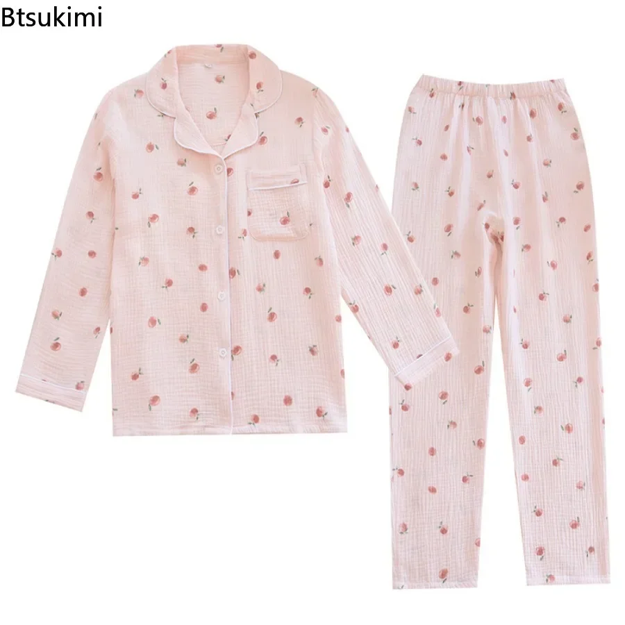 Ladies' Casual Pajama Sets 2PCS 100% Cotton Strawberry Printed Pyjamas Women Turn-down Collar Loose Sleepwear Outwear Sets 2025