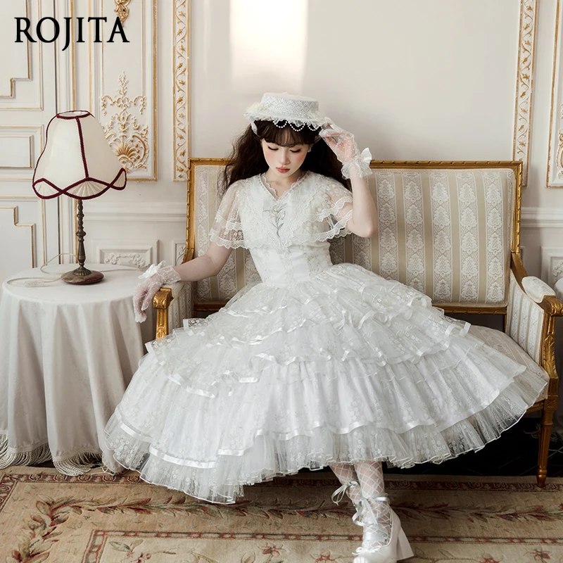 

Vintage V Neck Summer Lolita Dress for Women 2025 New Original Elegant Large Hem Gold Thread Mesh Embroidered White Dress