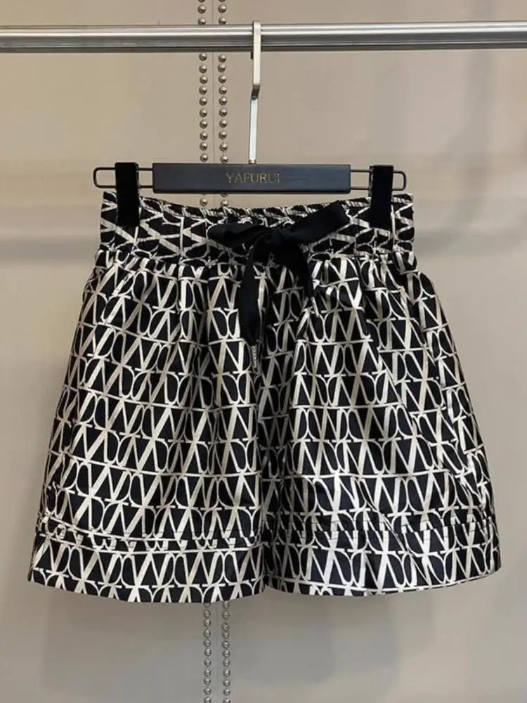 Summer 2025 Women's Unique Print High Waist Flattering Casual Shorts Loose A-Line Wide Leg Pants Versatile Comfortable Polyes...