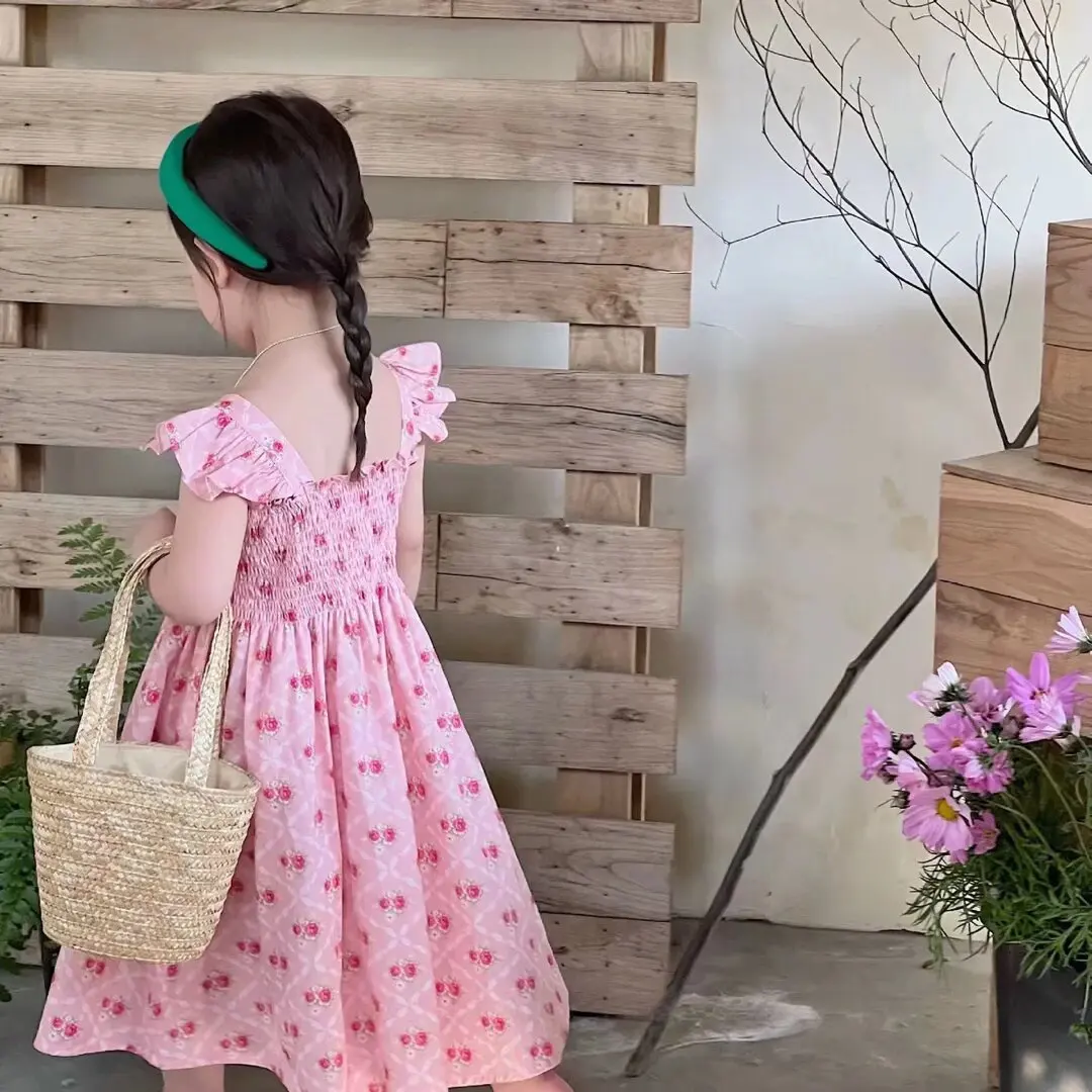Korean Version of Summer New Girls' Suspender Skirt Dress Floral Princess Dress  Pastoral Skirt Casual