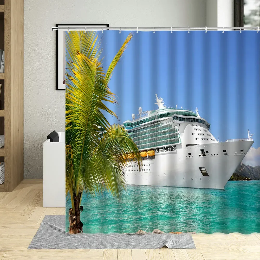 Vacation Maritime Steamship Shower Curtain Sandy Beach Big Sea Sunlight Home Decorative Cloth Bathroom With Hook Washable Fabric