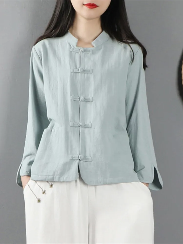 레트로 코튼 린넨 여성용 봄 2023 신상 슬레 내셔널 슬레 윈드 디스크 버튼 다도복 루즈핏 롱 슬리브