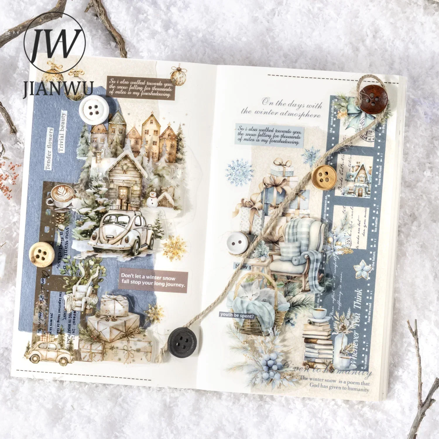 JIANWU Winter Snow Collection Series Vintage Plant Flower Landscaping Material Collage Sticker Book Creative Journal Stationery