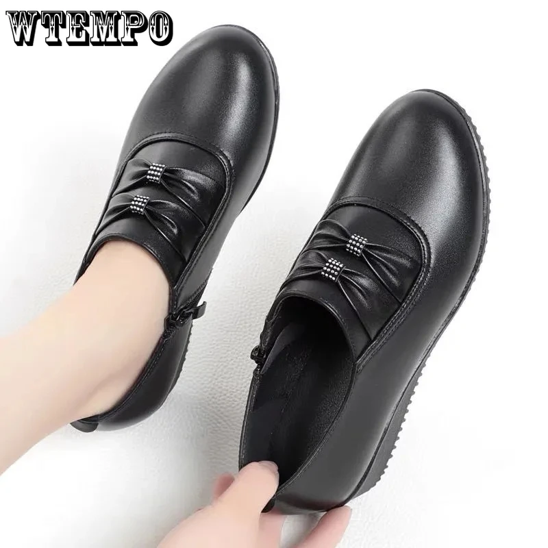 Black Soft Leather Shoes Women Round Toe Single Wedge Heel Increase Non-slip Side Zipper Simple Casual Commuting New Fashion