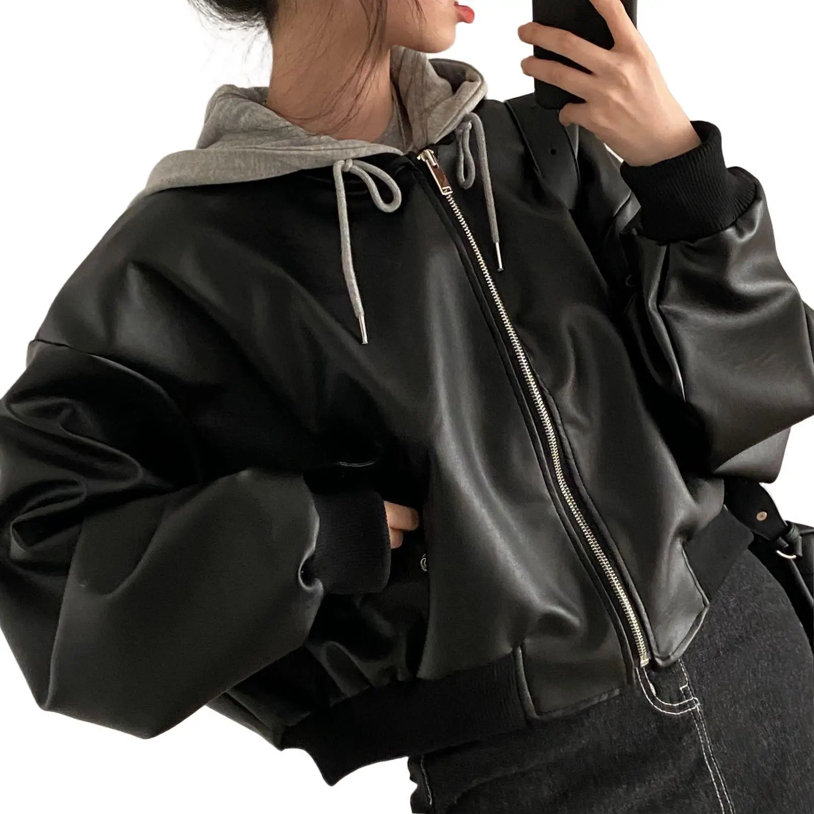 الخريف والشتاء المتخصصة الرجعية سستة جيوب مزدوجة عارضة فضفاضة ومتعددة الاستخدامات وهمية قطعتين مقنعين سترة جلدية