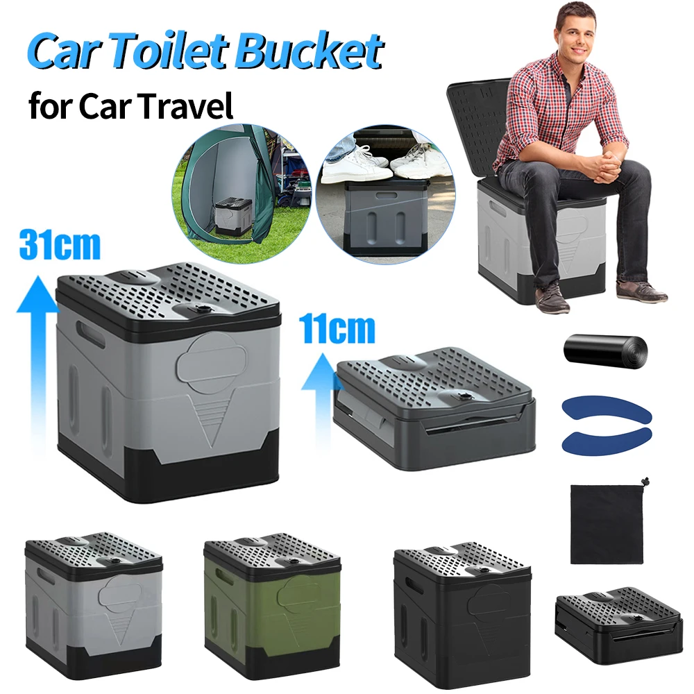 Outdoor Folding Toilet Portable Camping Emergency Toilet Strong Bearing Reusable Trash Can Anti-Odor Storage Box for Tour Car