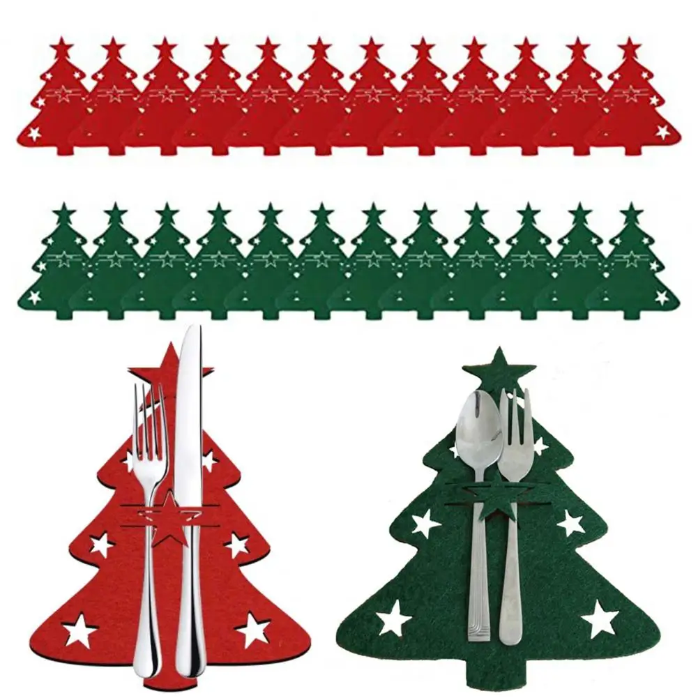 12Pcs Christmas Tableware Holder Flatware Bag Xmas Tree Cutlery Pockets Dinner Knife Fork Covers for Holiday Home Party Decor